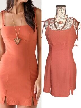 Trixxi Terracotta Tie Shoulder‎ Fitted Mini Dress XL NWOT Resortwear Boho